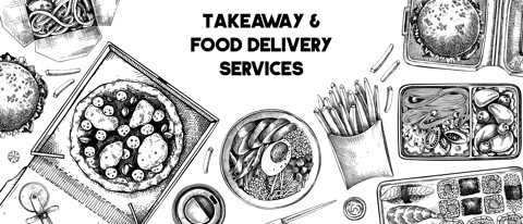 Takeaway and food delivery banner. Hand drawn vector illustration. Vintage style. Takeout food in paper box, fast food menu design. Pizza, burger, coffee, noodles, poke, sushi sketch